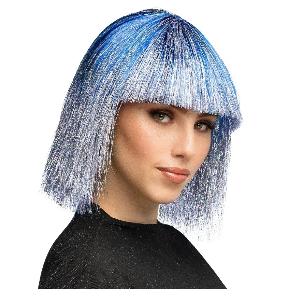 PERRUQUE CHEVELURE CRAZY LAMÉ BLEU ARGENT FEMME
