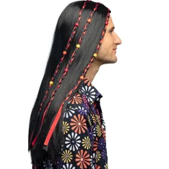 PERRUQUE FLOWER POWER CHEVEUX LONGS NOIR HOMME