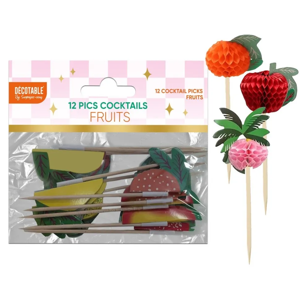 12 PICS COCKTAIL PAPIER ALVÉOLÉ FRUITS RETRO POP