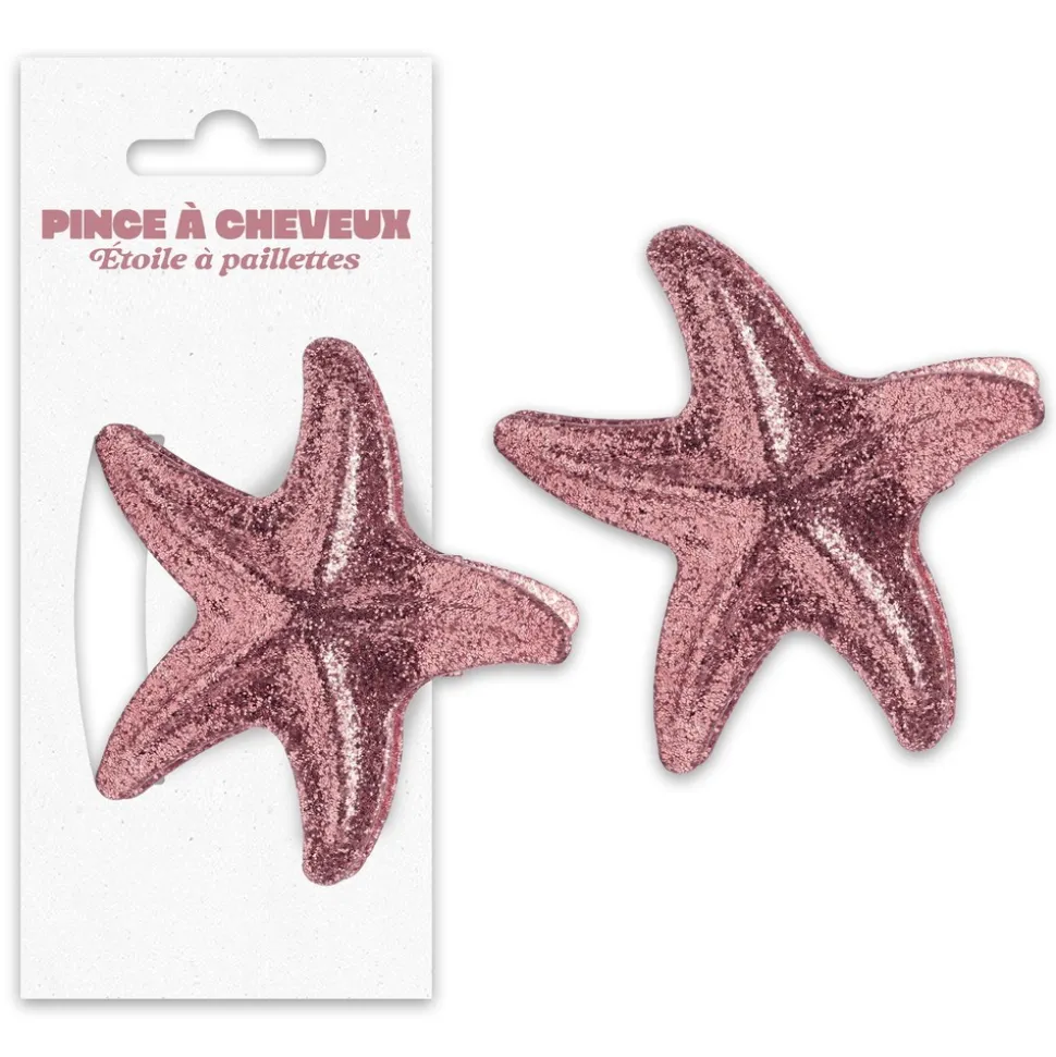 PINCE CHEVEUX ÉTOILE DE MER PLAGE PAILLETTES ROSE