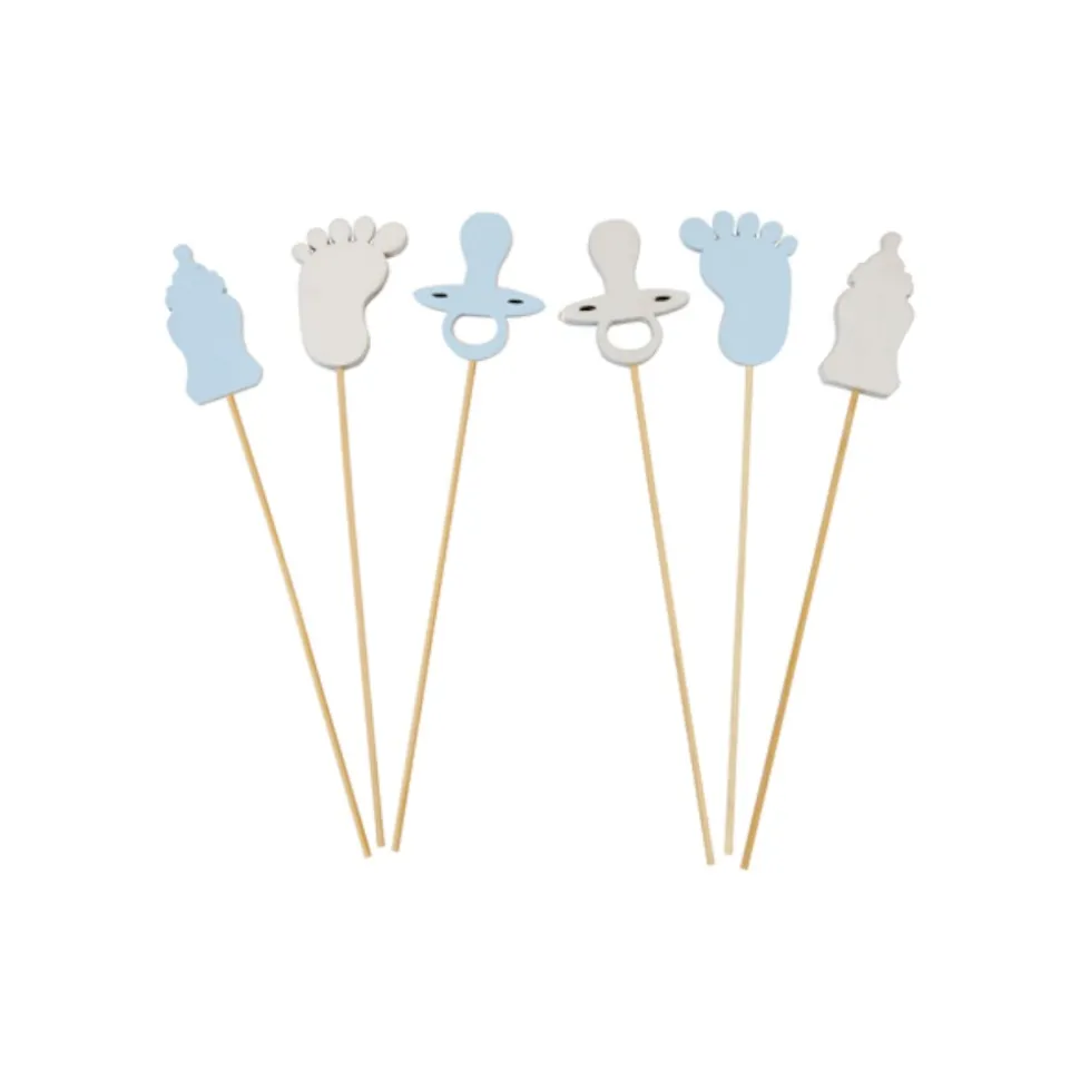 6 PIQUES BOIS MOTIFS DÉCO NAISSANCE 21CM BLEU CIEL