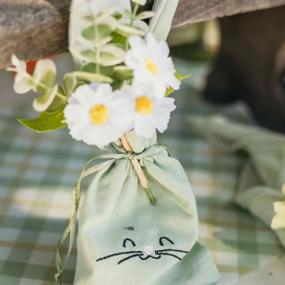 3 POCHONS OREILLES DE LAPIN TISSU 10X23CM VERT