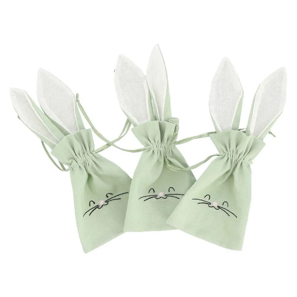 3 POCHONS OREILLES DE LAPIN TISSU 10X23CM VERT