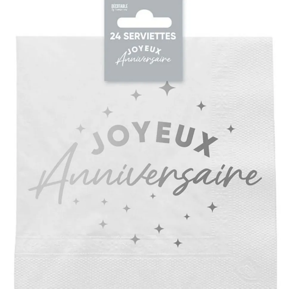 24 SERVIETTES PAPIER ANNIVERSAIRE 33CM ARGENT