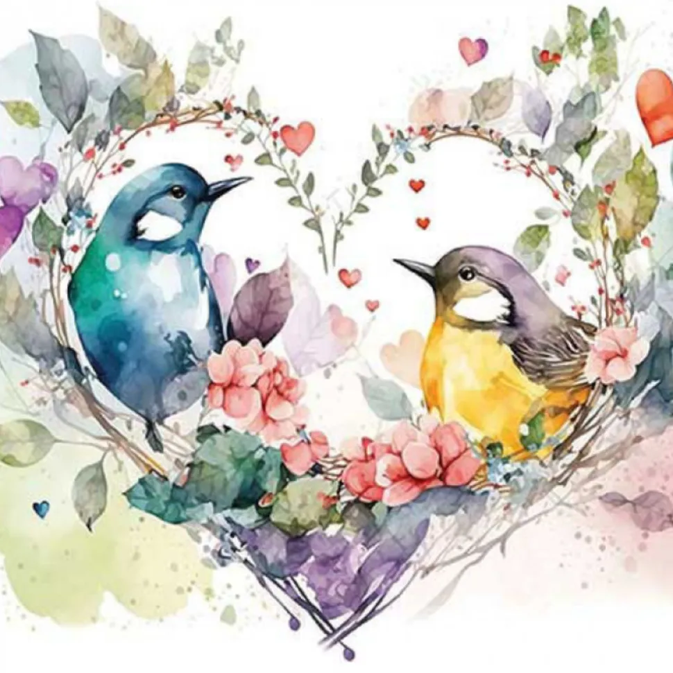 20 SERVIETTES PAPIER AQUARELLE OISEAUX AMOUR 33CM