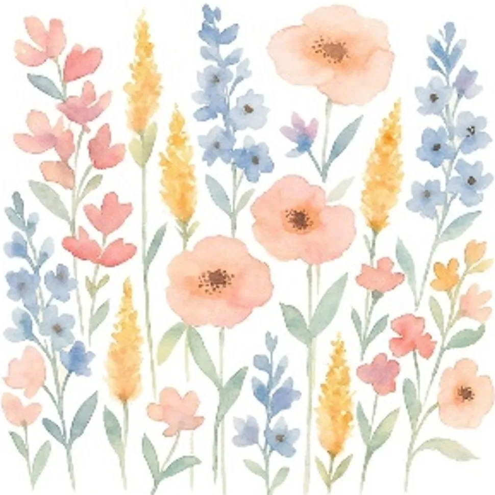 20 SERVIETTES PAPIER DOUCES FLEURS AQUARELLE 33CM
