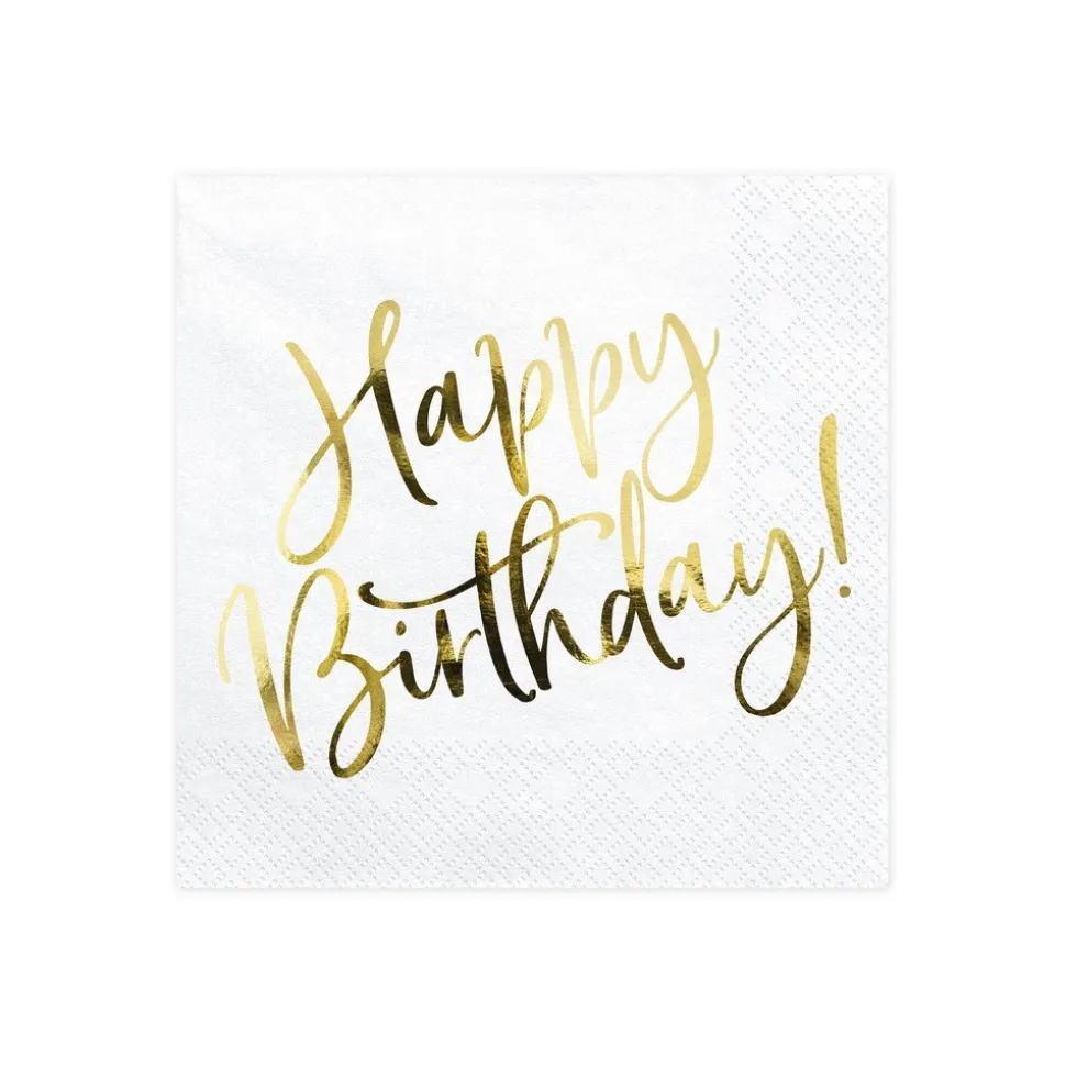 20 SERVIETTES PAPIER HAPPY BIRTHDAY OR 33CM BLANC