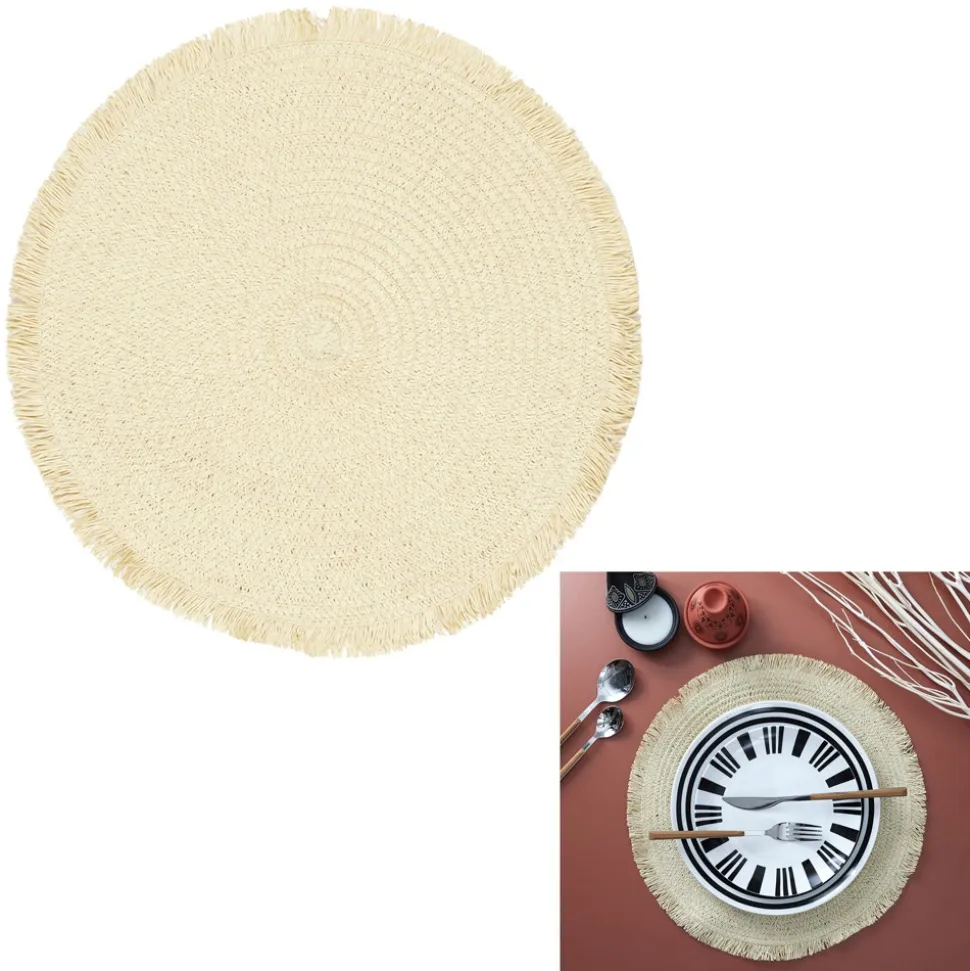 SET DE TABLE ROND 38CM FRANGE BEIGE