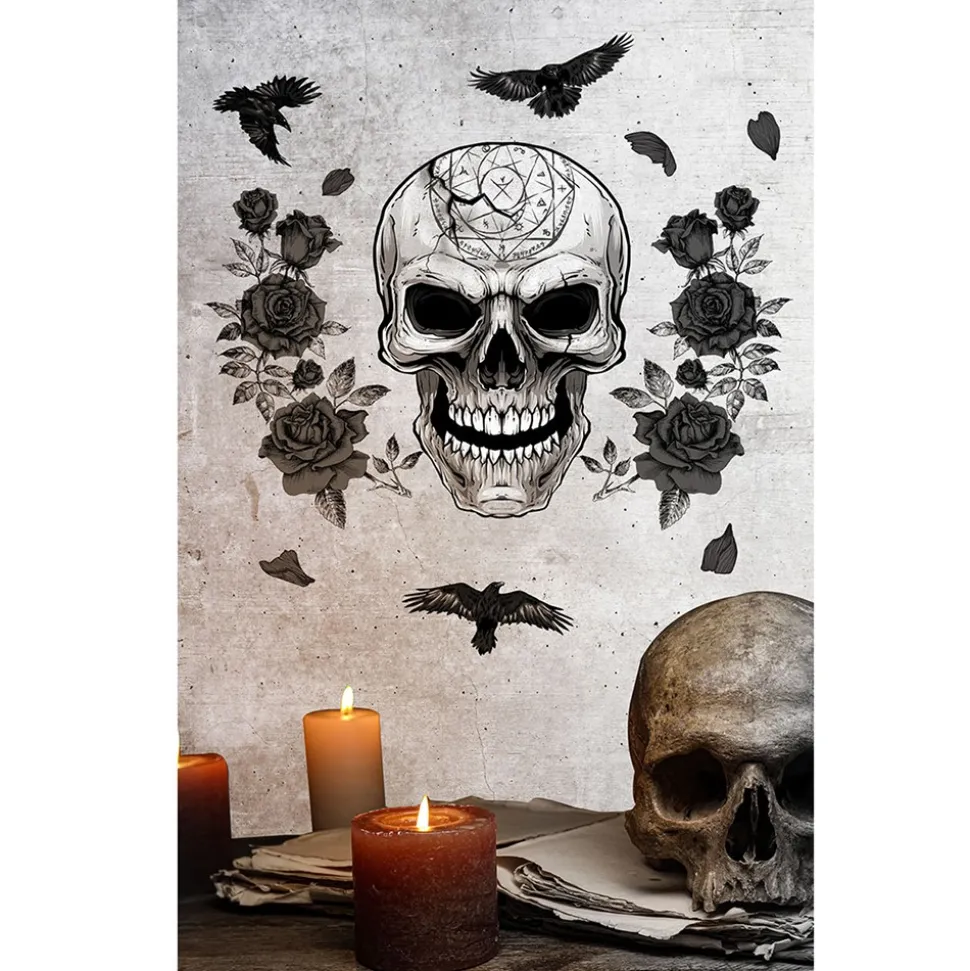 STICKER TÊTE DE MORT CORBEAUX ROSES NOIRES 25X70CM