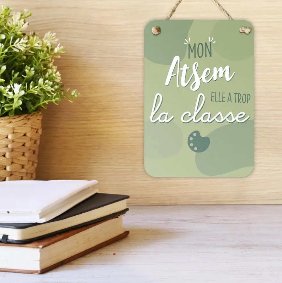SUSPENSION PLAQUE MÉTAL ATSEM 14X20CM VERT