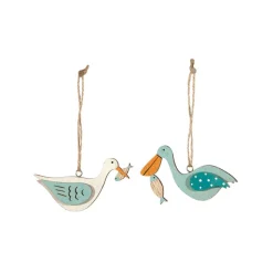 2 SUSPENSIONS MOUETTE PÉLICAN BOIS PLAT 7X5CM BLEU