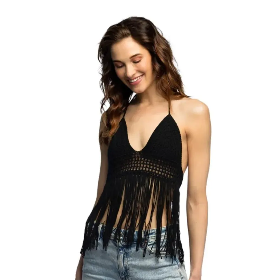 TOP BOHÈME NOIR CROCHETÉ À FRANGES FEMME