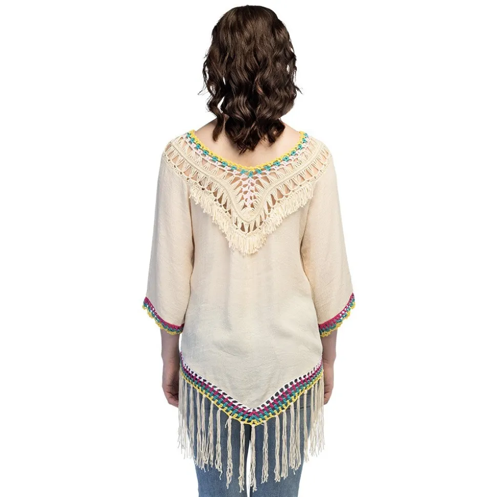 TUNIQUE BOHÈME PLAGE BEIGE FRANGES PÉROU FEMME