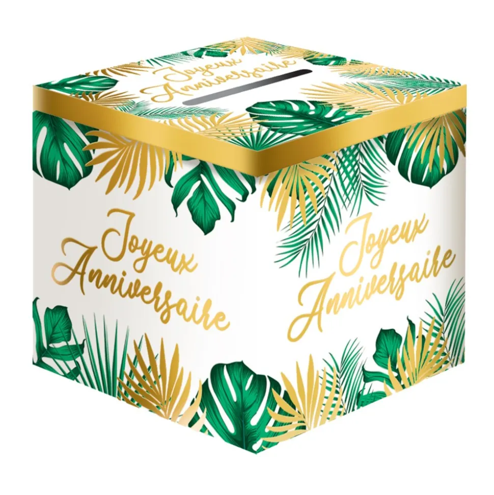 URNE CARTON ANNIVERSAIRE TROPICAL PARTY 20CM VERT