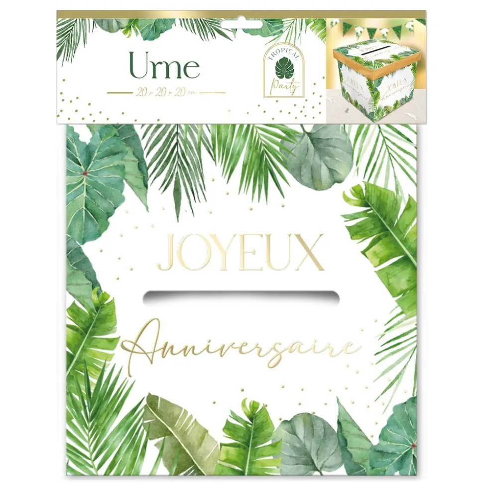 URNE CARTON ANNIVERSAIRE TROPICAL PARTY 20CM VERT