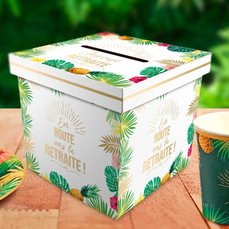 URNE CARTON CAGNOTTE RETRAITE TROPICAL 20CM