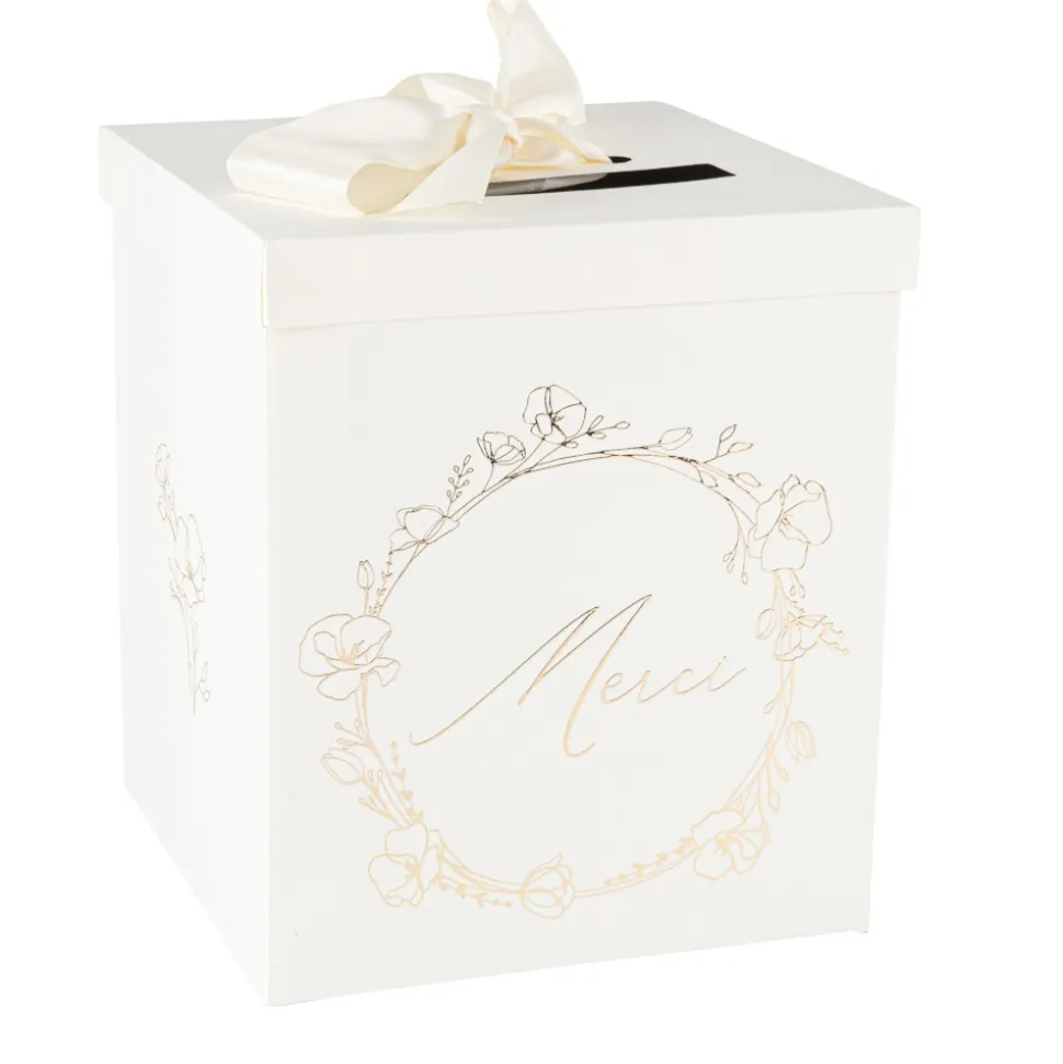 URNE CARTON MERCI BAPTÊME VÉGÉTAL OR 21X25CM CRÈME